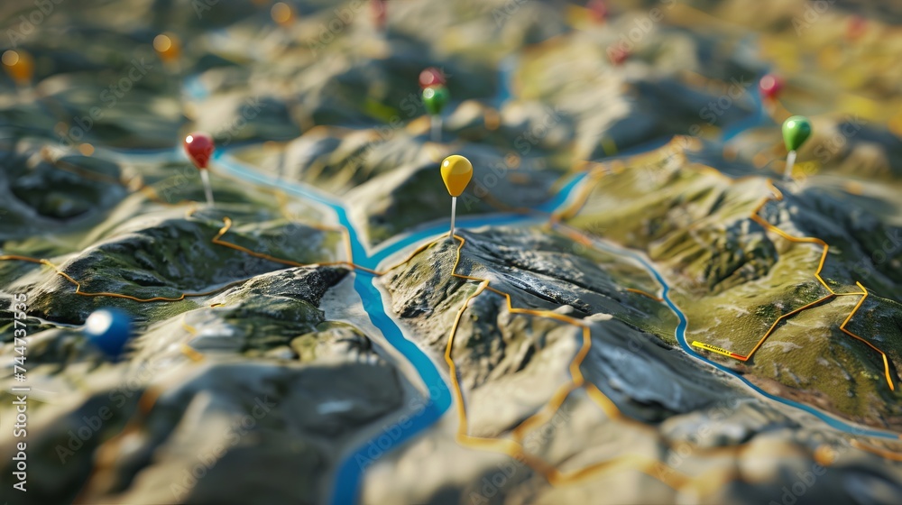 Dark and eerie 3d rendering of a mysterious road map with pin pointers ...