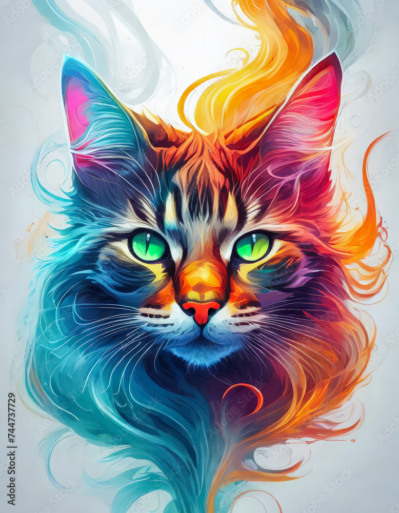 Tete de chat dans une ambiance colorée style néon