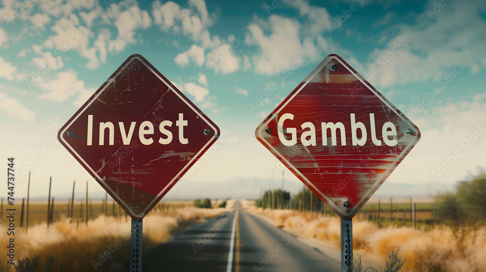 Investment or gamble in stock market concept, a sign on the road that word “Invest” and Investment or gamble in stock market concept, a sign on the road that word “Invest” and