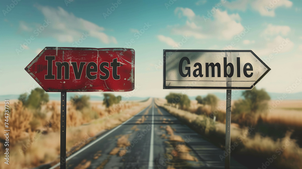 Investment or gamble in stock market concept, a sign on the road that word “Invest” and 