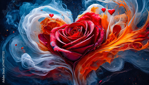Coeur nuageux rempli d'une rose rouge, Saint Valentin, mariage, sentiment d'amour et de romantisme