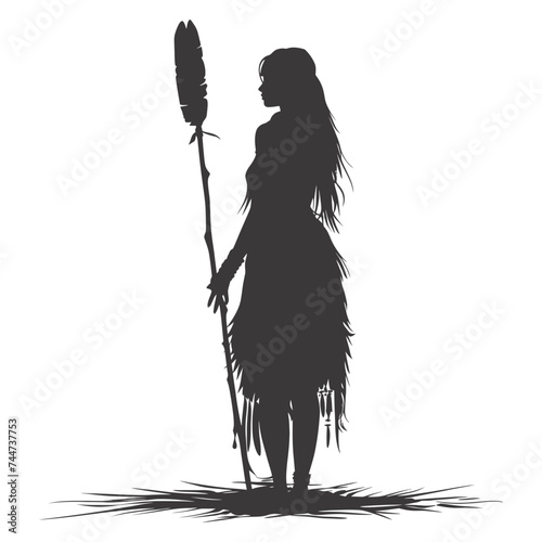 Silhouette native american woman holding stone weapon black color only full body