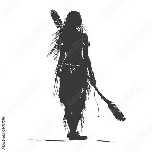 Silhouette native american woman holding stone weapon black color only full body