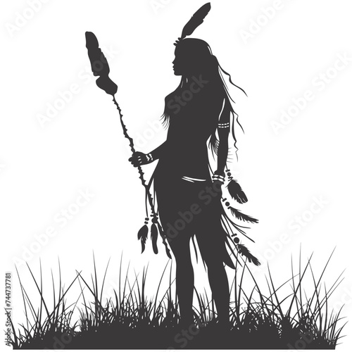 Silhouette native american woman holding stone weapon black color only full body