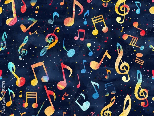 Vibrant music notes and symbols dance across a dark, starry space-inspired backdrop, creating a cosmic musical theme.
