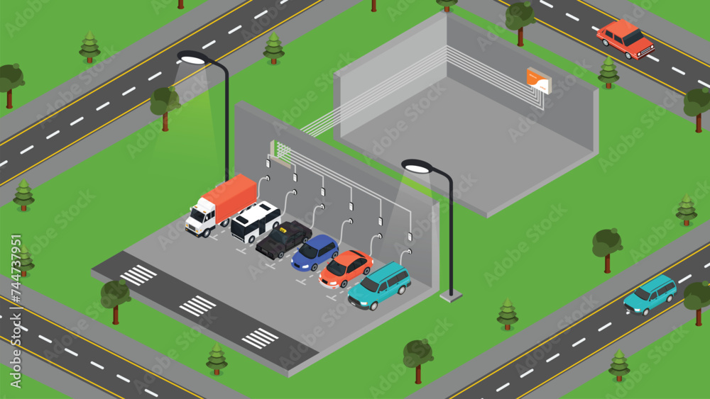 Parking charging station for electric vehicles, EV cars, environmentally clean energy technology, solar panels and wind turbines clean energyon. isometric vector illustration