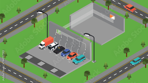 Parking charging station for electric vehicles, EV cars, environmentally clean energy technology, solar panels and wind turbines clean energyon. isometric vector illustration