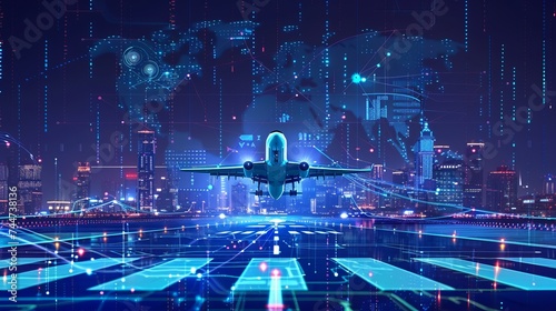 Embracing the future: dynamic commercial air transport concept with airplane soaring against city skyline and global map backdrop - ideal copy space for tech-driven innovations