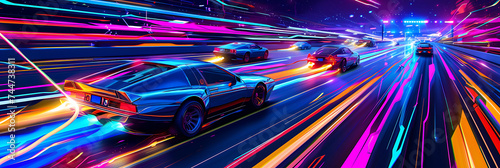 Cars on a neon-lit highway, creating a futuristic light show with streaks of color.