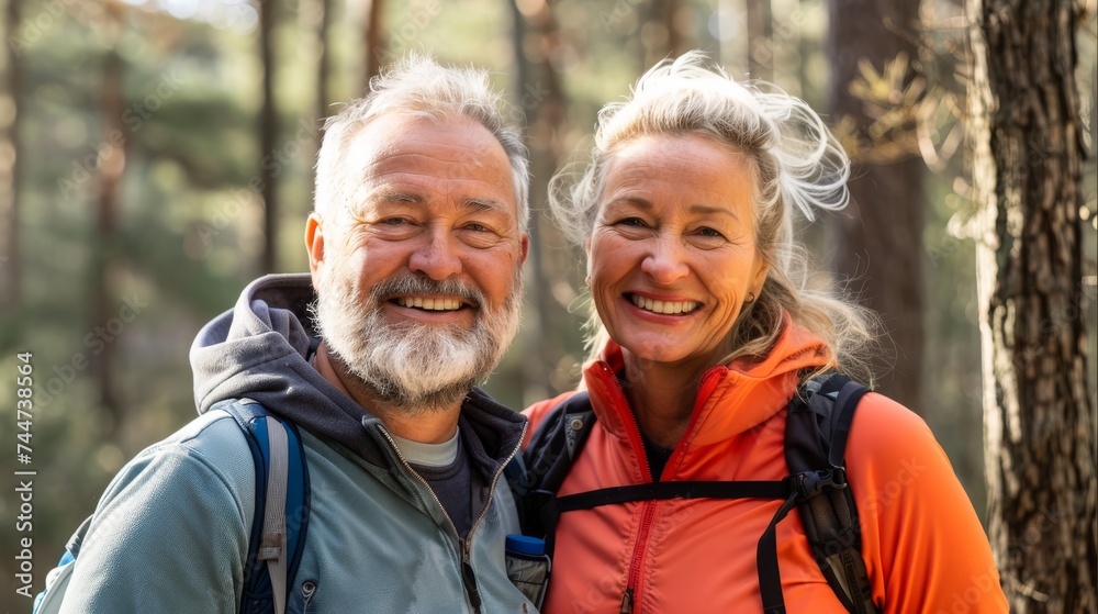 Smiling romantic couple looking camera. Happy Attractive friends go hiking. Beautiful Lovely pair walk in forest. Hikers enjoy fun trip at nature park. Two tourists date. Active tourism concept.
