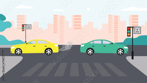 Fototapeta Naklejka Na Ścianę i Meble -  city crossroad with cars, road on crosswalk with traffic lights. markings and sidewalk for pedestrians. highway, concept. Vector illustration in flat style