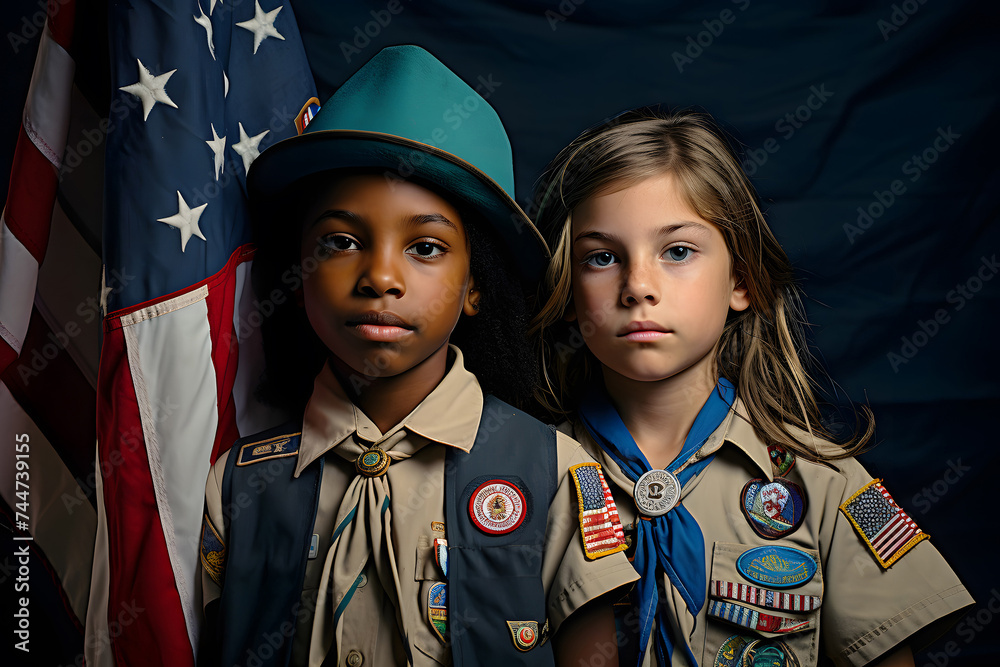 Happy Scout Day Festival Day. A boy and a girl Student celebrate Boy Scout and Girl Scout Day. Happy Scout Day Festival Day. A boy and a girl Student celebrate Boy Scout and Girl Scout Day.