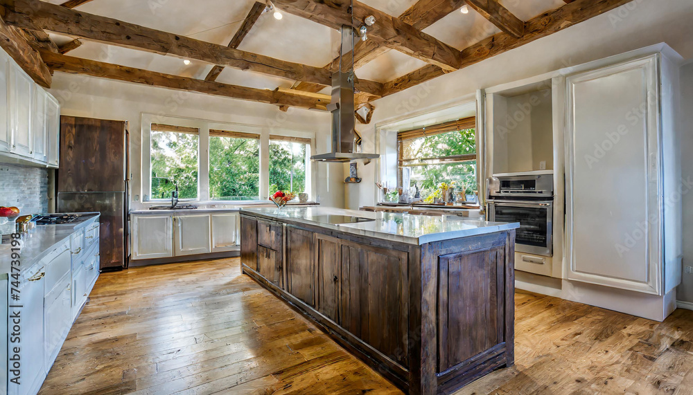 Amazing modern and rustic luxury kitchen with vaulted ceiling and wooden beams, long island with white quarts countertop. - obrazy, fototapety, plakaty 