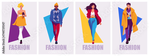 Male and female models dressed in haute couture clothing on fashion show. Flat vector posters