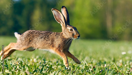 Brown hare, lepus europaeus, jumping in grass in springtime sunlight. Wild rabbit running on sunlit meadow. Bunny moving on long field in spring. photo