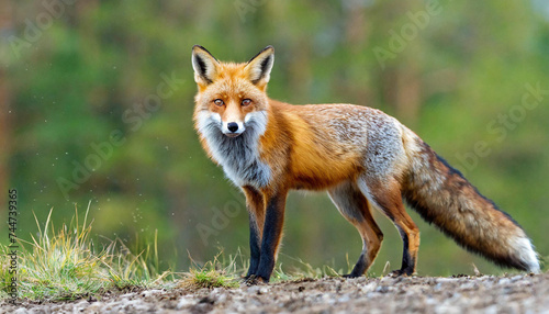 Beautiful red fox, vulpes vulpes, with fluffy tail standing and facing camera