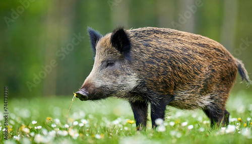 Dominant wild boar, sus scrofa, male sniffing with massive snout with white tusks on meadow. Majestic wild mammal standing on grass in spring from side view