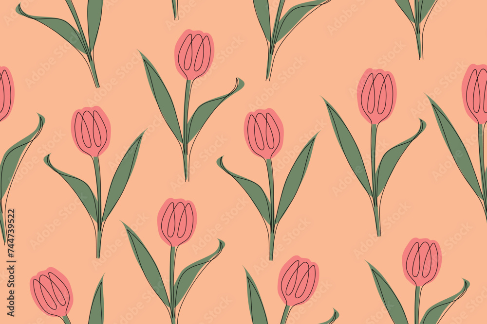 Seamless pattern of tulips on a pink background. Hand drawn, spring flowers for fabric, prints, decorations, invitation cards. Vector 