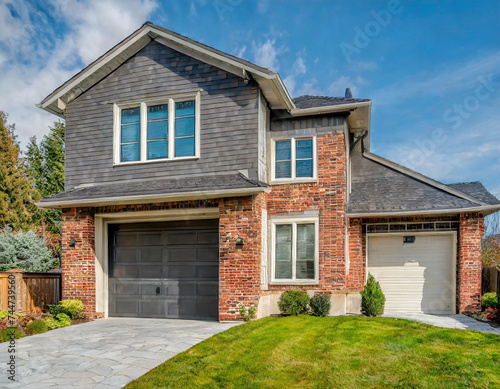 Luxury one level house exterior with brick trim and garage