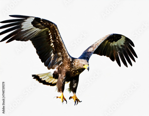 Majestic white-tailed eagle, haliaeetus albicilla, landing with open wings and catching prey with talons isolated on white background. Large bird of prey flying cut out on white background