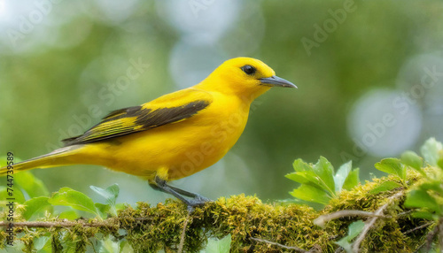 Male adult golden oriole, oriolus oriolus, on a moss covered twig in summer with blurred green background. Vibrant yellow bird sitting in treetop in nature