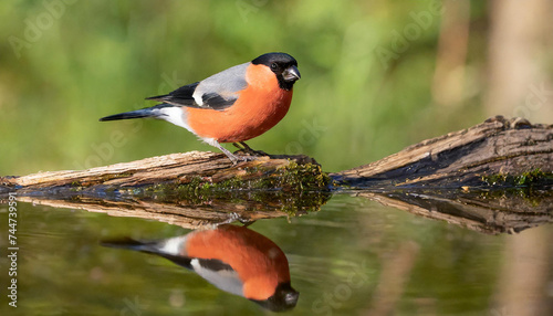 Male eurasian bullfinch, pyrrhula pyrrhula, sitting on a stump near water with its reflection mirrored on surface with copy space. Small colorful passerine bird drinking from pond