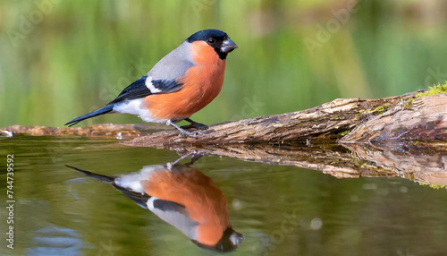 Male eurasian bullfinch, pyrrhula pyrrhula, sitting on a stump near water with its reflection mirrored on surface with copy space. Small colorful passerine bird drinking from pond