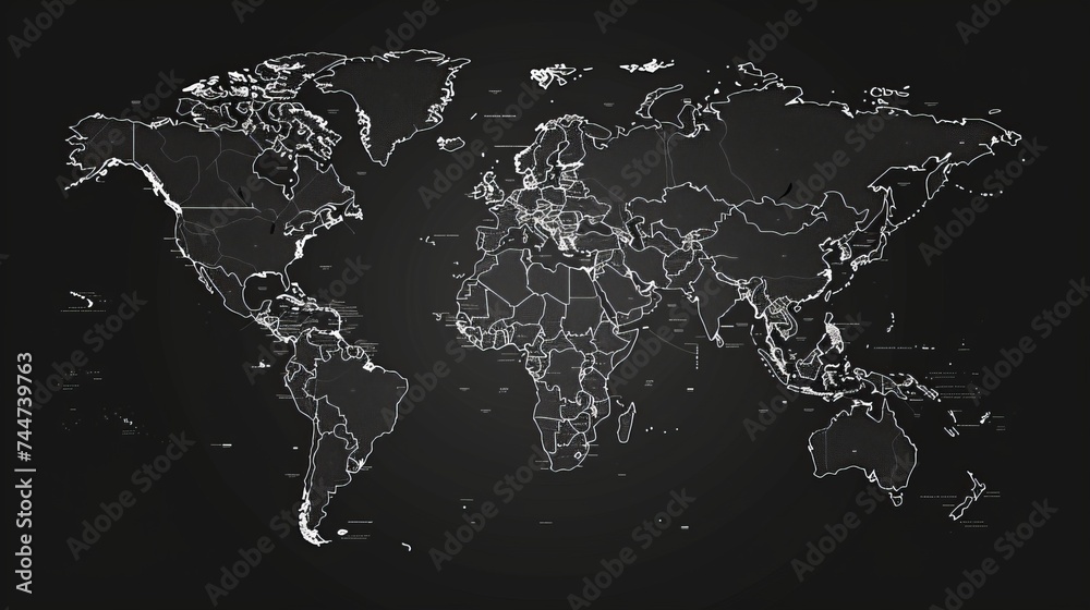 Fototapeta premium High detail vector world map with thin white outlines: minimalistic country borders on black background - perfect for graphic design, presentations, and educational materials