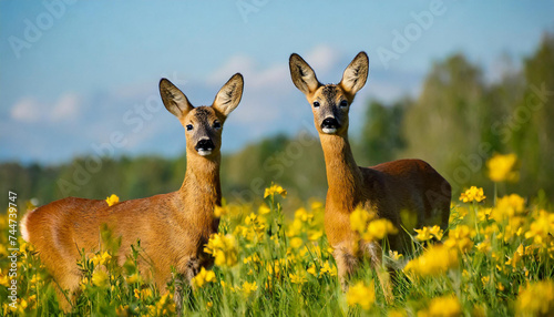 Roe deer, capreolus capreouls, couple int rutting season staring on a field with yellow wildflowers. Two wild animals standing close together. Love concept