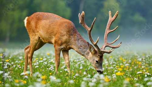 Roe deer, capreolus capreolus, buck grazing on blooming flowerers on a meadow with mist in background. Animal wildlife in unspoiled nature. Wild mammal with antlers feeding on a glade. photo