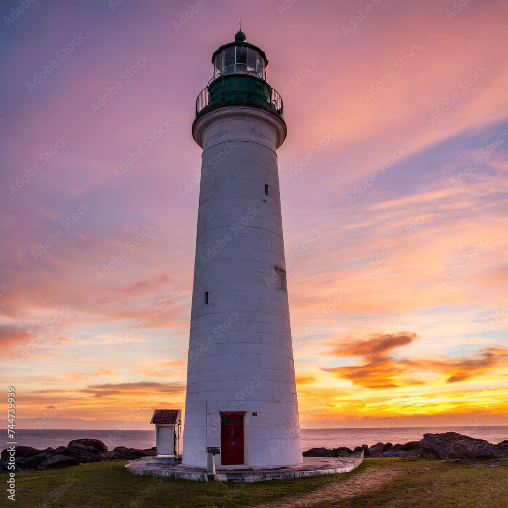 Vertical shot of a tall lighthouse with a pink cloudy sky background