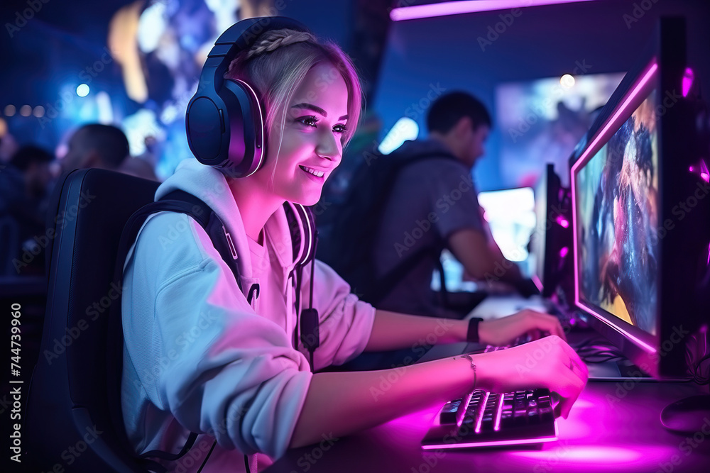 Fototapeta premium Girl gamer in headphones plays video games on PC