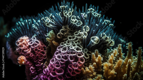Underwater coral reef with vibrant marine life  featuring a variety of colorful corals  fish  and plant species in a tropical sea environment