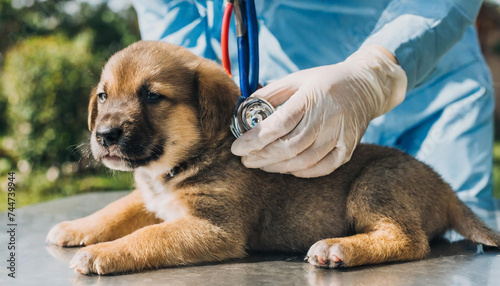 Veterinary examining puppy dog