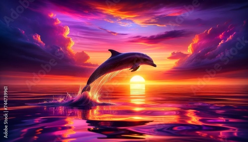 Dolphin Leaping at Sunset with Purple Sky Reflections