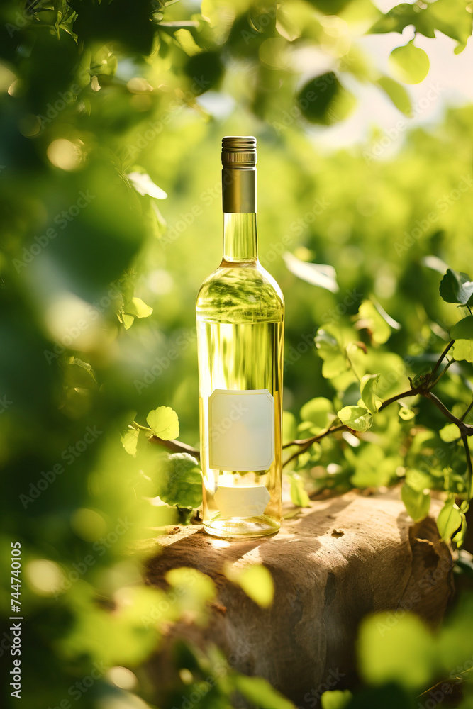 Glass bottle of white wine on wood in vineyard, surrounded by plants and grass
