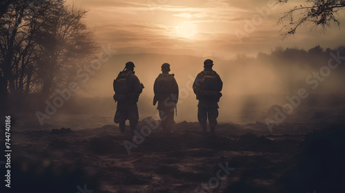  model soldiers standing around on the ground at a sunset