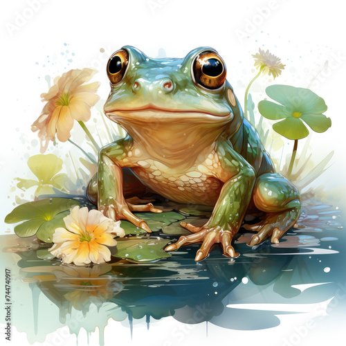 watercolor Cute Frog on a Lily Pad clipart  Generative Ai