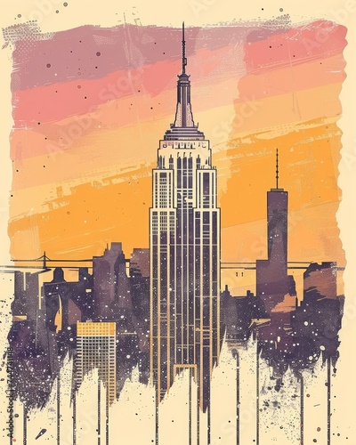 Vintage Style Empire State Building with Sunset Background