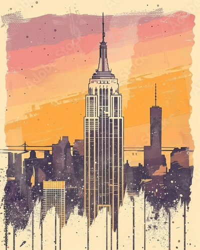 Vintage Style Empire State Building with Sunset Background photo