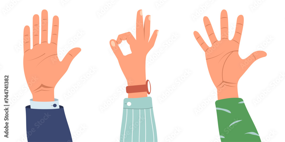 Fototapeta premium Set of human hands showing hi, stop, ok symbols. Collection of cartoon hands to decorate retro designs. Flat doodle style. Vector illustration.