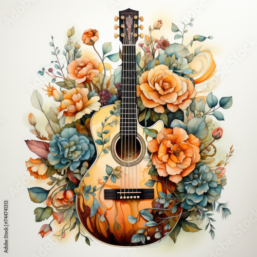 watercolor guitar floral musical instrument clipart, Generative Ai