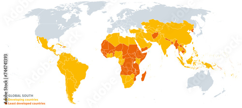 The Global South, political world map, showing developing countries or territories highlighted in yellow, least developed countries in orange, and the Global North in gray color. Illustration. Vector.