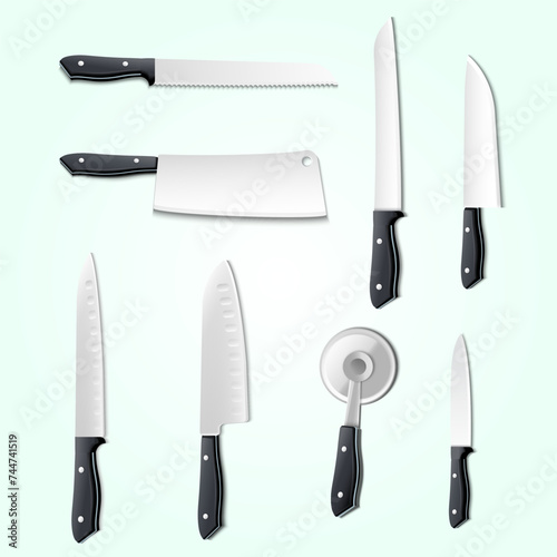 isolated realistic knives icon set with sharp blades pizza meat bread fish vector illustration