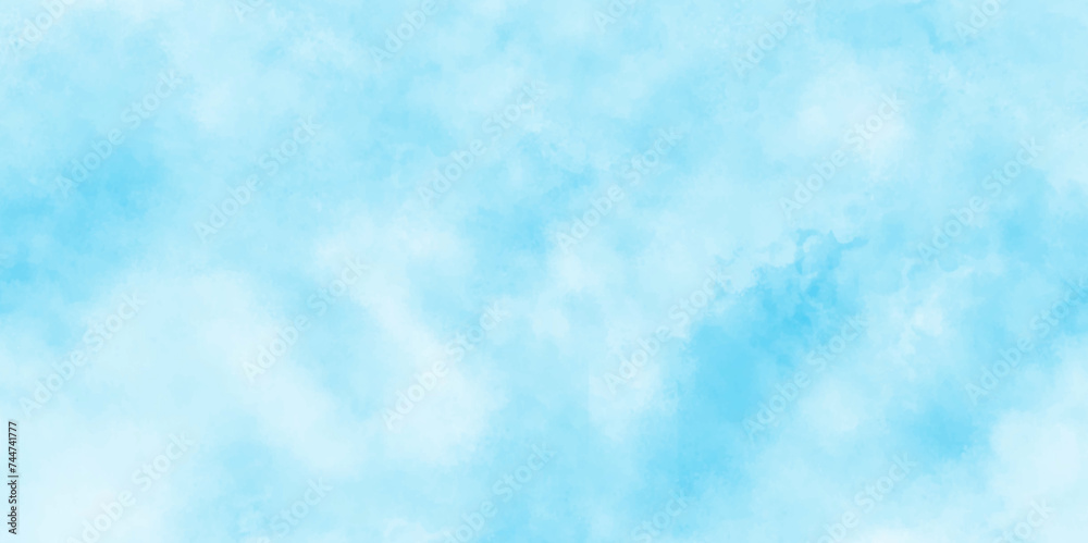 Panoramic grunge texture with color blue, sky of winter morning with clouds, Grungy ink canvas of cloudy sky, Hand drawn or painted blue watercolor on canvas with clouds.