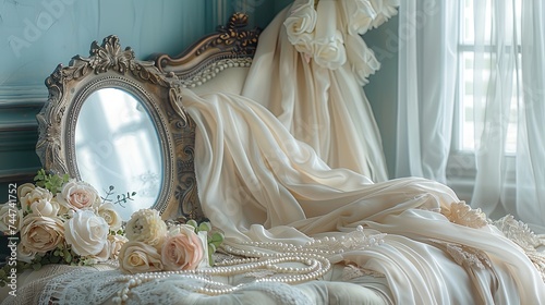 A sophisticated bridal suite scene with a silk wedding gown draped over a chaise, a pearl necklace and a vintage hand mirror.