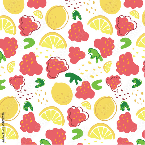 Abstract pattern with red Raspberries and yellow lemon pattern in flat style. Vector background. Fresh Seamless pattern. Summer time print. Lemonade wallpaper.