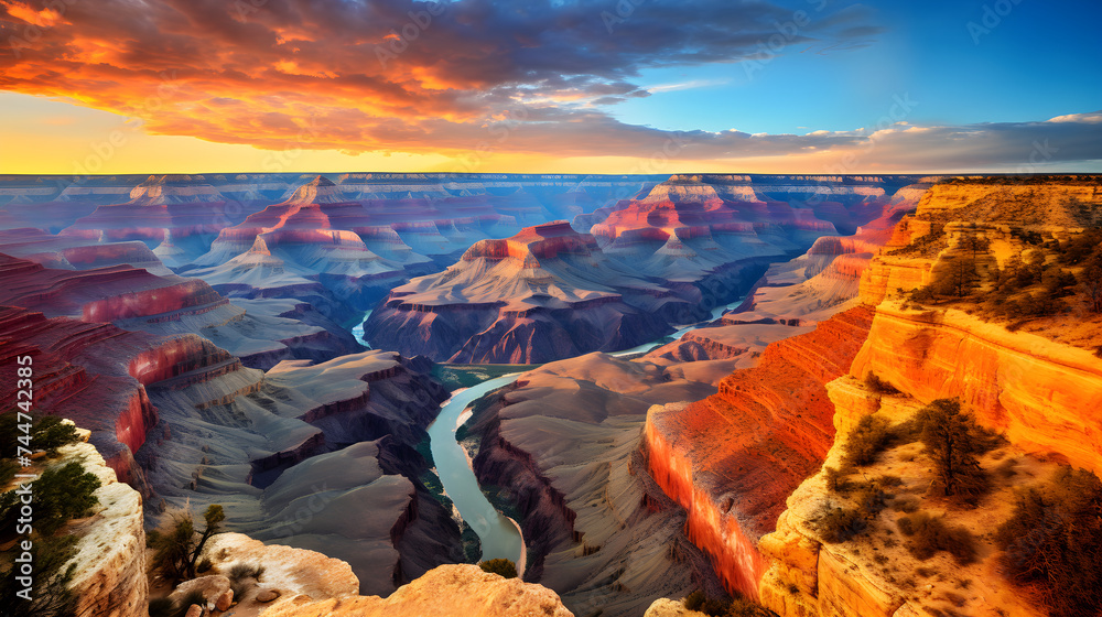 Breathtaking Panoramic View of the Grand Canyon's Depth and Grandeur with Radiating Warmth of Natural Colors