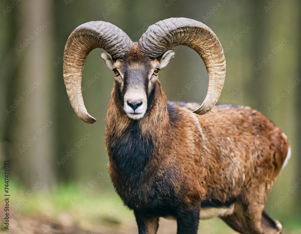 Horizontal portrait of mouflon, ovis orientalis, ram with curved horns looking into camera in sunlit spring forest. Male mammal fit long brown fur staring attentively in Slovak nature