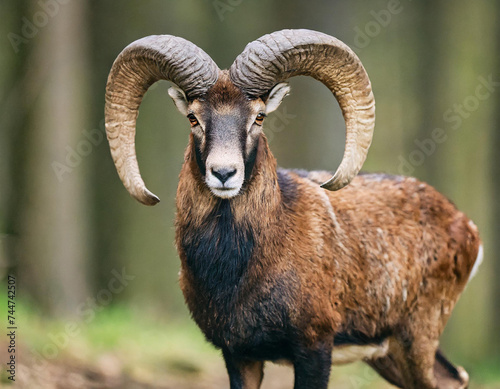 Horizontal portrait of mouflon, ovis orientalis, ram with curved horns looking into camera in sunlit spring forest. Male mammal fit long brown fur staring attentively in Slovak nature © Fbio